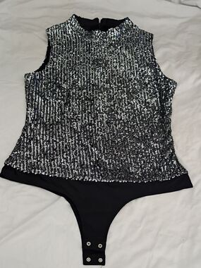 Pink Lily Silver Sequin Bodysuit Top